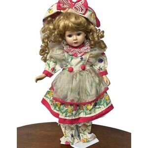 Brass Key Porcelain Doll Tulip Dress Pinafore Bonnet Pantaloons Blonde Curls 16”